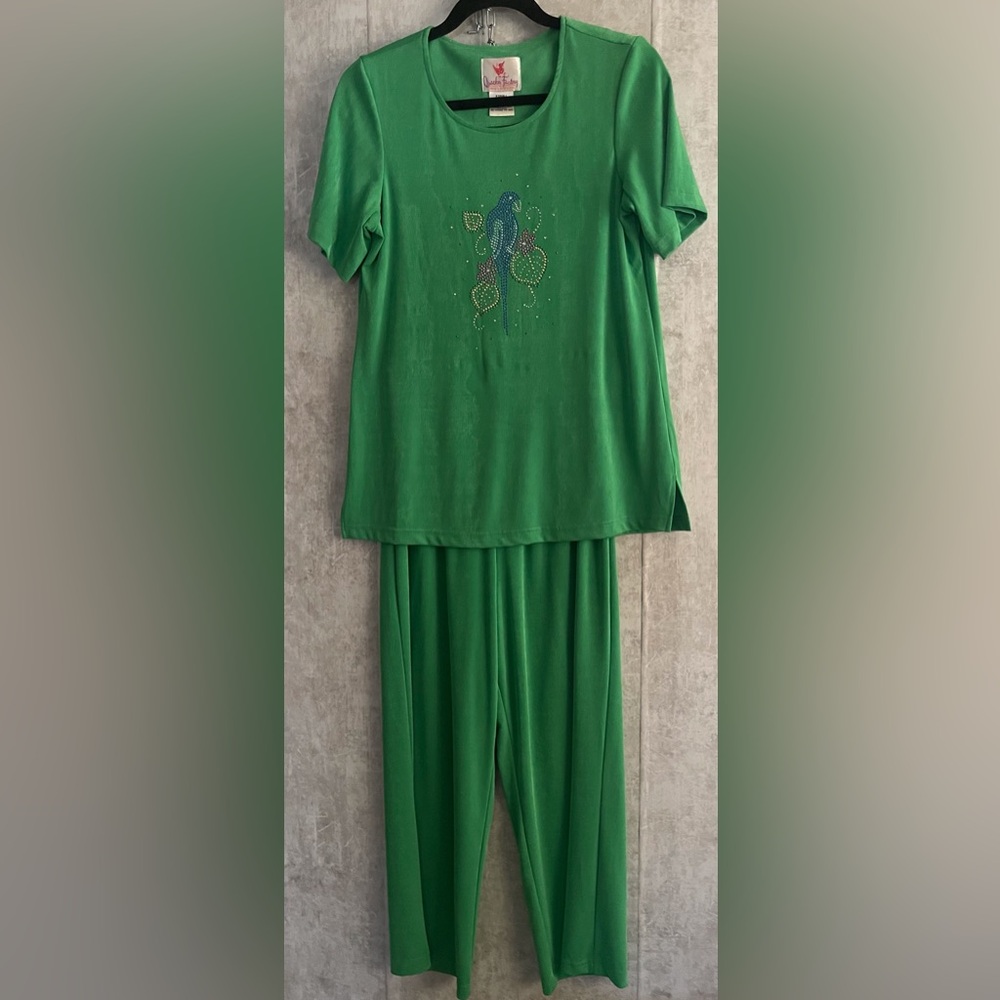 Quacker Factory Set Women'sGreen Stretch Beaded Parrot Shirt & Pants  SzX-Small